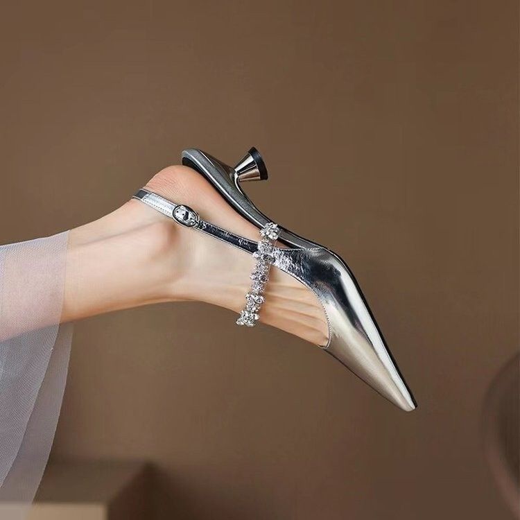 Elegant Rhinestone Mary Jane Shoes For Women - Pointed Toe, Open Back, Mid Heel - Comfortable PU Insole & Stylish Silver/Black Options_vogvips.com