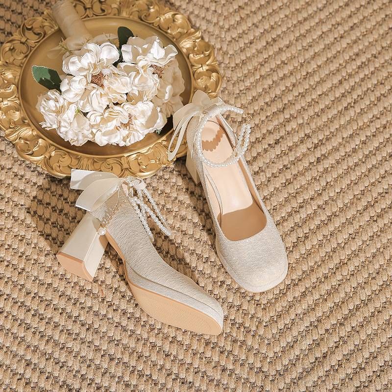 Women's Shoes Heel Mary Jane Pumps - Square Toe Bridal Wedding Shoes For Bride & Bridesmaids, Comfortable High Heels (7cm/9cm) In Beige, Sizes 34-40_vogvips.com