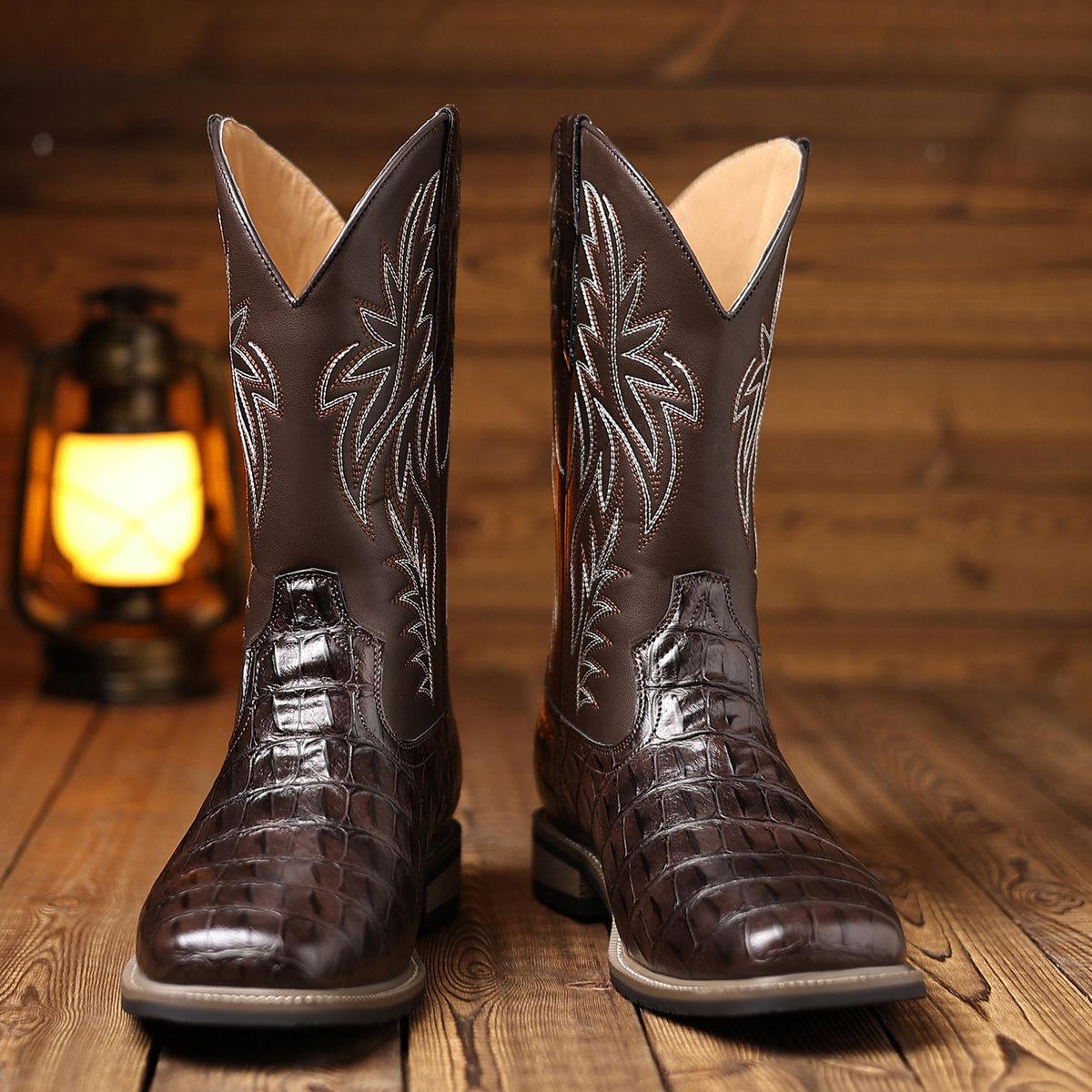 Men's Classic Western Cowboy Boots With Alligator Embroidery & Wooden Heel - High Top Vintage Style For Casual & Work_vogvips.com