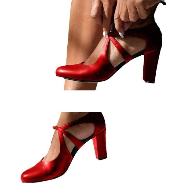 Elegant Round-Toe Buckle Strap Low Heel Women's Shoes - Comfortable Wide Fit Sizes 34-43 (Black/Brown/Red)_vogvips.com
