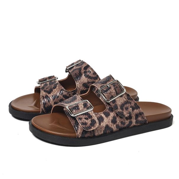 Designer Shoe European And American Fashion Leopard Print Buckle Slip On Open Round Toe Double Soled Mules Women's_vogvips.com
