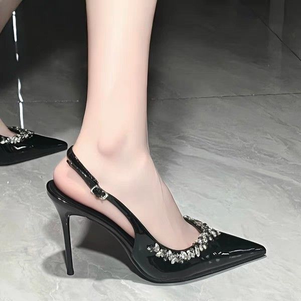 MTX Sandals For Women 2025 Spring New Fairy Patent Leather High Heels Stiletto Pointed Toe Rhinestone French Style Elegant_vogvips.com