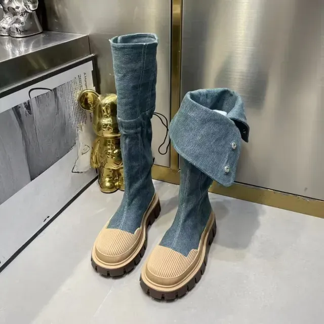 Retro Denim Chunky Platform For Women 2024 Autumn Patchwork Western Style Cowboy Boots Woman Thick Heels Mid Calf Botas_vogvips.com