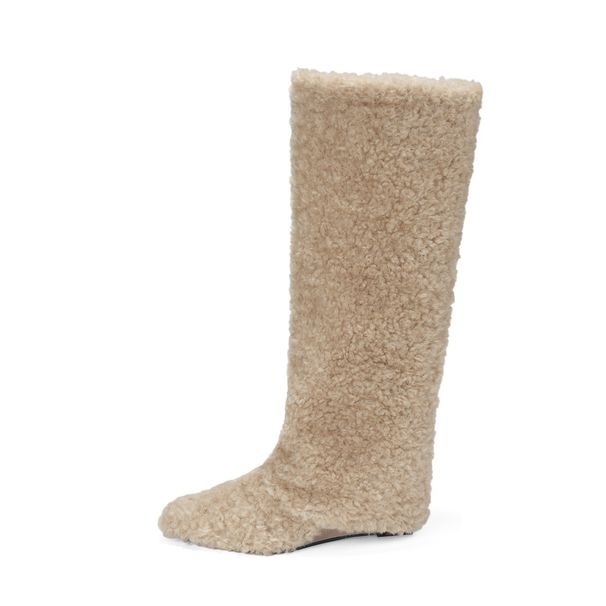 Women's Shoes Pointed Toe Lambswool High Heeled Knee High Boots, Autumn/Winter Hot Style High Top Wedge Heels With Fleece Lining, Warm Snow Boots_vogvips.com