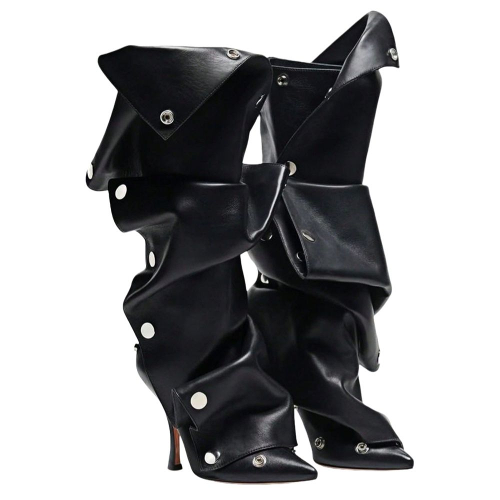 Women's Slouch Ruched Fold-Over Knee High Boots Back Zip Stiletto Heel Boots Pointed Toe Studs Luxury Leather Stiletto Boots_vogvips.com