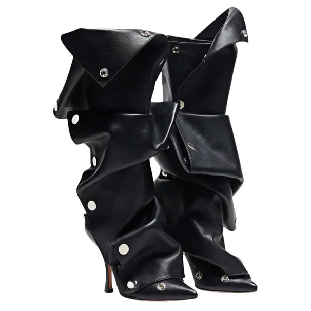 Women's Slouch Ruched Fold-Over Knee High Boots Back Zip Stiletto Heel Boots Pointed Toe Studs Luxury Leather Stiletto Boots_vogvips.com