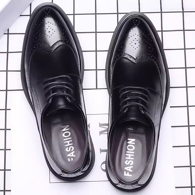 Suitable For All Seasons New Men's Brogue Formal Leather Business Casual British Korean Style Lace-up Breathable Height-increasing Wedding Shoes_vogvips.com