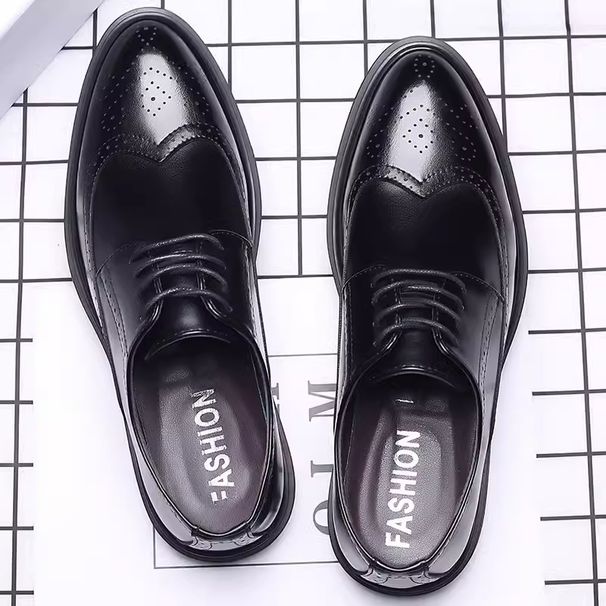 Suitable For All Seasons New Men's Brogue Formal Leather Business Casual British Korean Style Lace-up Breathable Height-increasing Wedding Shoes_vogvips.com