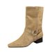 9625-2 Women's Western With Square Toe, Buckle, Mid-Heel, Chunky Heel, Suede, Vintage, Slim, Fashionable Mid-Calf Short_vogvips.com