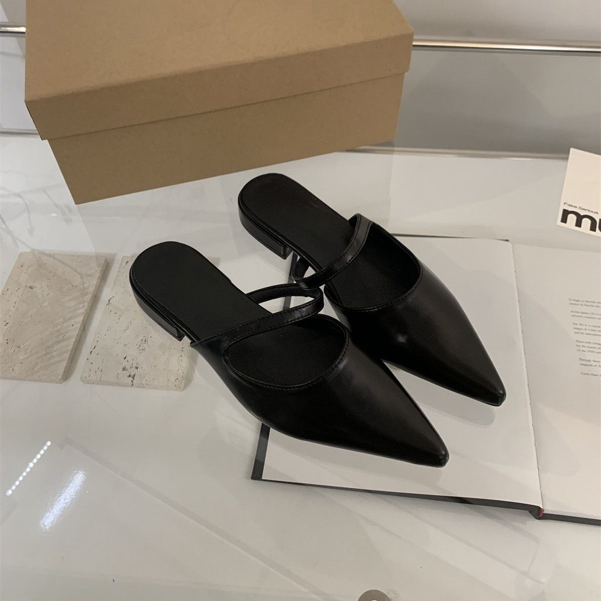 Women's Pointed Toe Soft Leather For Summer, Gentle Fairy Style Flat Mules_vogvips.com