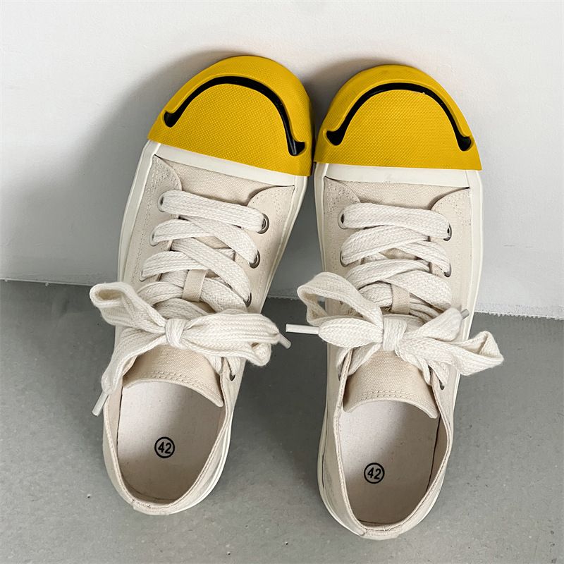 Smiley Face Canvas For Men And Women Street Style Couple Trendy 2025 Spring New Casual Lace-Up Student Low-Top White_vogvips.com