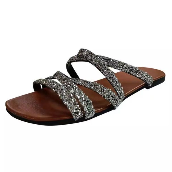 Women's Shoes Large Size Sandals Summer New Round Head Rhinestone One Line Flat Bottom Casual Slippers For Women_vogvips.com