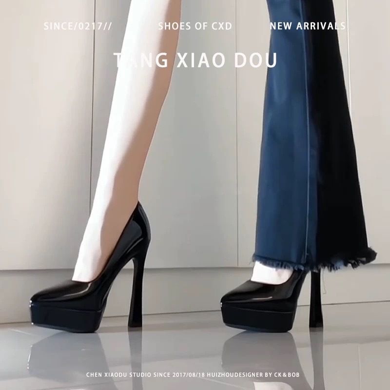 Nude 2025 Waterproof Platform Spring-summer High-heeled Shoes, New Patent Leather Pointed Toe Ultra-high Comfortable_vogvips.com