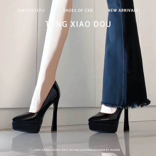 Nude 2025 Waterproof Platform Spring-summer High-heeled Shoes, New Patent Leather Pointed Toe Ultra-high Comfortable_vogvips.com