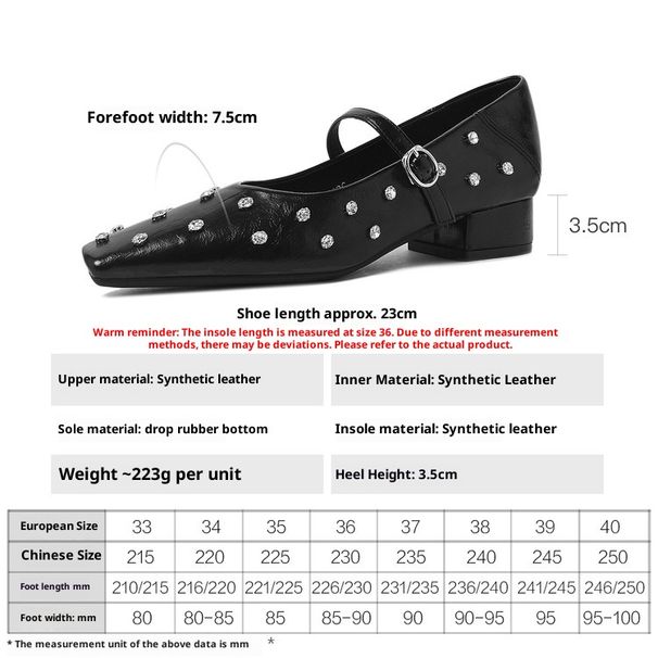 Cameido French Mary Jane Women's Square Toe Rhinestone Strap Mid Heel Dressy Flats_vogvips.com