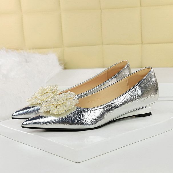 Women's Shoes Pointed Toe Wedge Heel Versatile Low Cut Fashion Bow Beaded Flower Low Heel Elegant Single Shoes For Women_vogvips.com