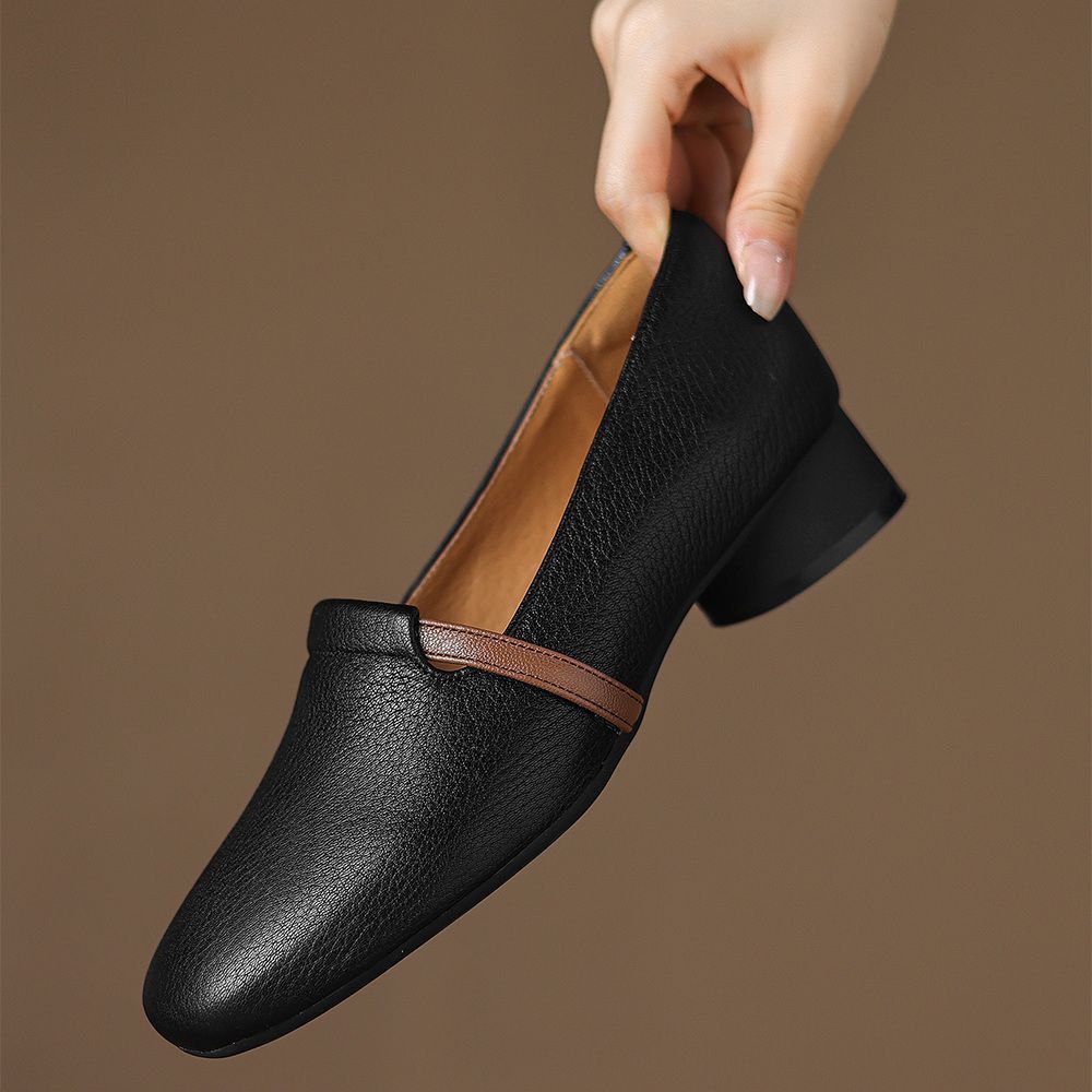 2025 New Autumn Vintage Genuine Chunky Shallow Mouth Women's Soft Sole Square Toe High Heel Premium Small Leather Shoes_vogvips.com