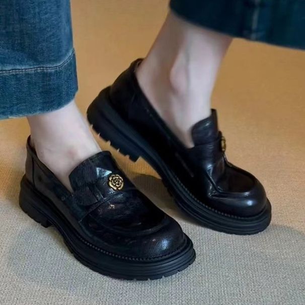 British Style Camellia Genuine Leather Thick-Soled Women's Loafers 2024 Autumn Round-Toe Retro Low-Heel Single Shoes_vogvips.com