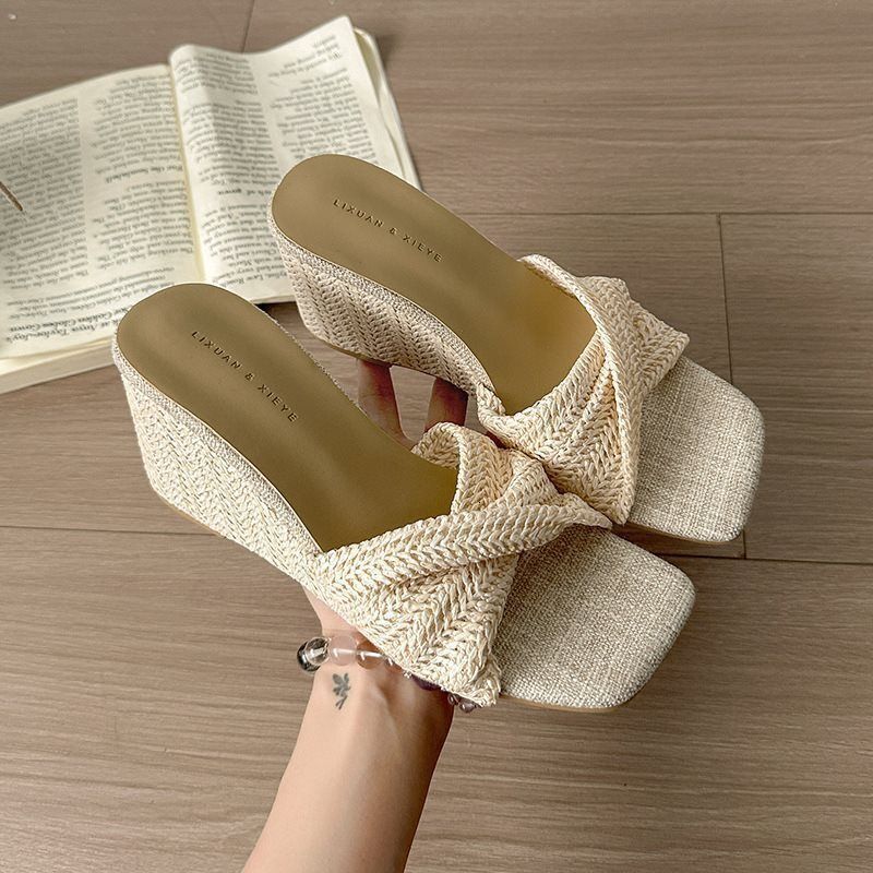 Brown Casual White Wedge Heel Vacation Sandals Open Toe Slip On Shoes For Women Woven Versatile Square Toed Retro Style_vogvips.com