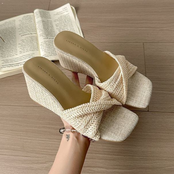 Brown Casual White Wedge Heel Vacation Sandals Open Toe Slip On Shoes For Women Woven Versatile Square Toed Retro Style_vogvips.com