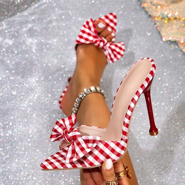 Cross-border Pointed-toe Bowknot Sandals For Women, 2026 Summer New Houndstooth Pattern, European And American Style,_vogvips.com