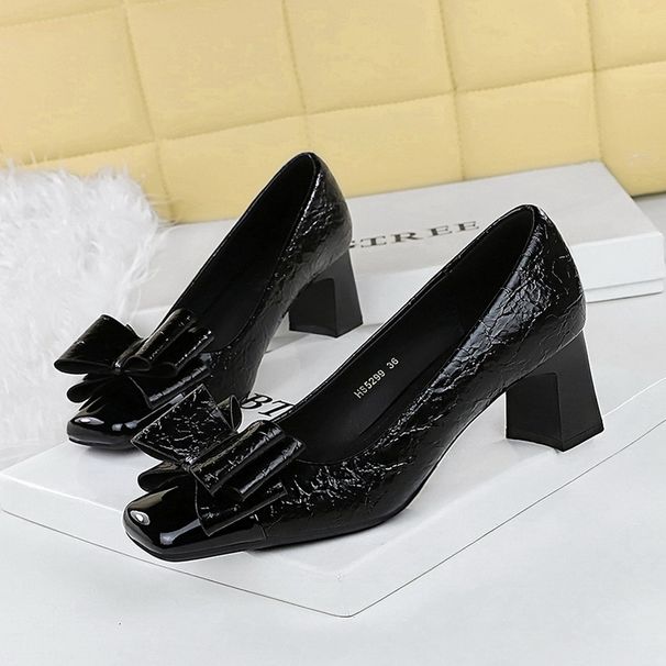 Fashion women's shoes thick heel medium heel shallow mouth splicing square head matching color shoe head bow single shoe women_vogvips.com
