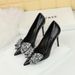 3391-H21 European And American Style Stiletto Stone Pattern Patent Leather Shallow Pointed Toe Rhinestone Bowknot Single_vogvips.com
