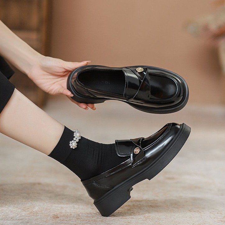 Soft-soled Loafers Women's Small Gold Coin Single Shoes British Thick-soled One-pedal Small Leather Shoes_vogvips.com