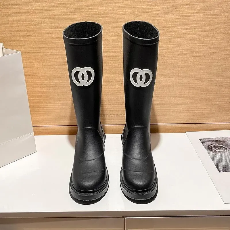 Brand Designer Square Toe Rain Boots Heel Thick Sole Ankle Women's Rubber Boot_vogvips.com