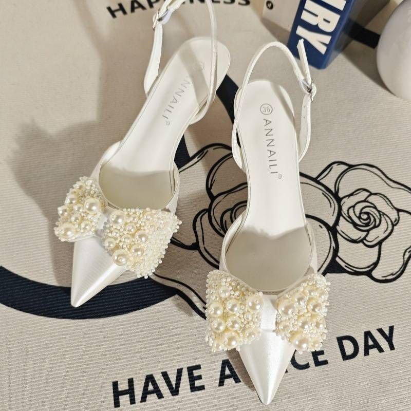 Women's French Style Satin Wedding Shoes High Heels Stiletto Bridesmaids Plus Size White Bow Adorned Main Dress_vogvips.com