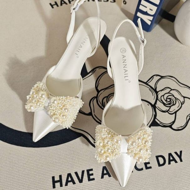 Women's French Style Satin Wedding Shoes High Heels Stiletto Bridesmaids Plus Size White Bow Adorned Main Dress_vogvips.com