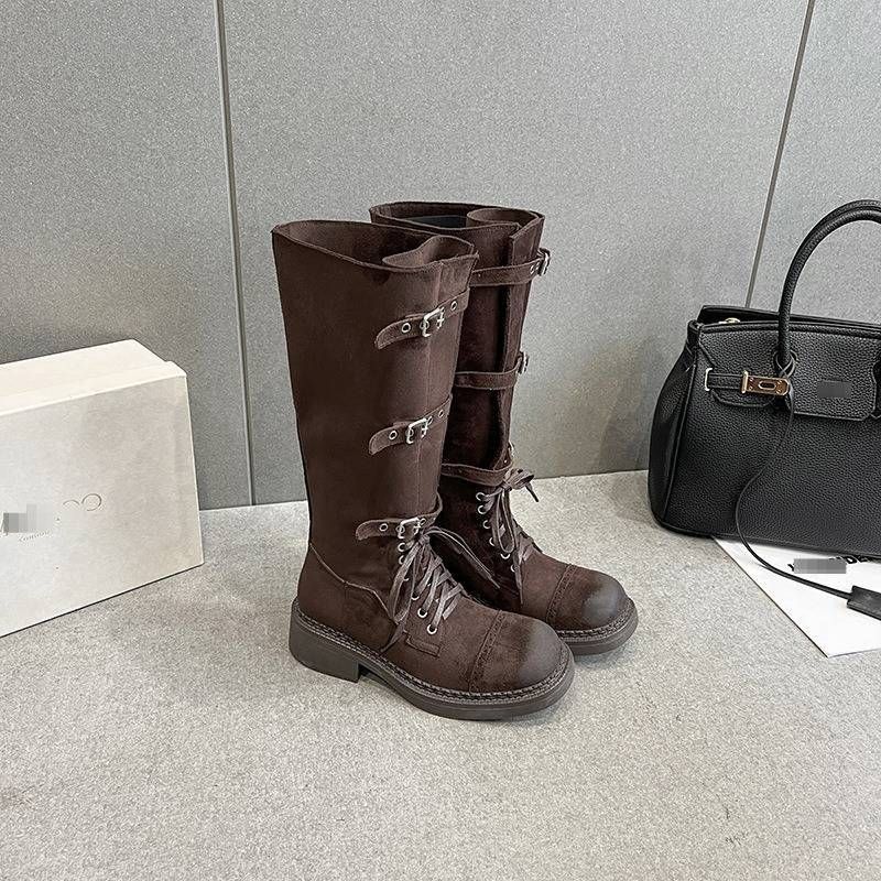 Designer Retro Strappy Western Cowboy Boots With Thick Heels And Buckles, 2025 New Model, High-Topped Cavalry Boots, Martin Women’s Boots_vogvips.com