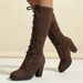Women's Heeled Knee High Boots, Solid Color Lace Up Chunky Heeled Boots, Versatile Comfy Long Boots_vogvips.com
