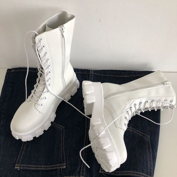 New Mid Calf Boots Women Autumn Winter Fashion Lace-up Ladies Chelsea Zipper Botas Mujer Boots Sports Platform Heel Ladies Shoes_vogvips.com