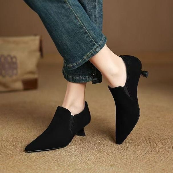 Pointed Toe Deep-Cut Women's Shoes 2025 Fall/Winter Suede Soft Leather Ankle High-Heeled Loafers Stiletto Heel Bare_vogvips.com