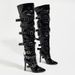 Small Wow Punk Rock Chic Over Knee Boots - Pointed Toe Stiletto Heels With Studs & Buckle Straps - Gothic Fashion Boots For Women (Black, 11CM Heel)_vogvips.com