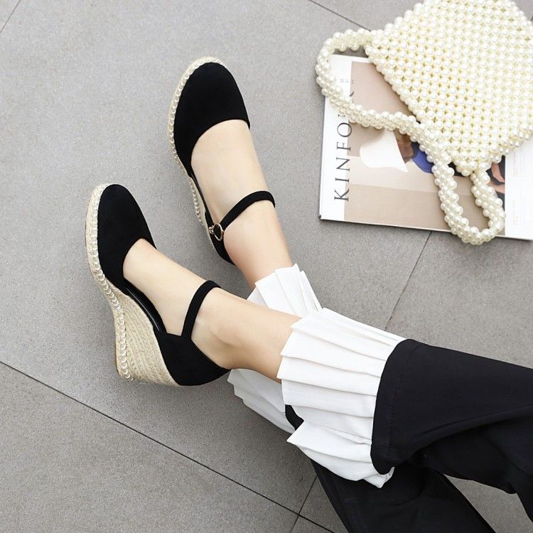 2021 Spring New Shoes: Suede Wedge Heel Sandals With Thick Sole, Shallow Mouth, Single Strap Buckle, Women's High Heels_vogvips.com