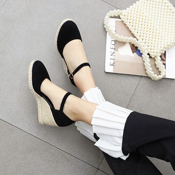 2021 Spring New Shoes: Suede Wedge Heel Sandals With Thick Sole, Shallow Mouth, Single Strap Buckle, Women's High Heels_vogvips.com