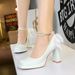 9981-H78TP Korean Version Square Toe Thick Super High Heel Waterproof Table Pearl Chain Straight Ribbon Butterfly_vogvips.com