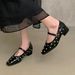Cameido French Mary Jane Women's Square Toe Rhinestone Strap Mid Heel Dressy Flats_vogvips.com