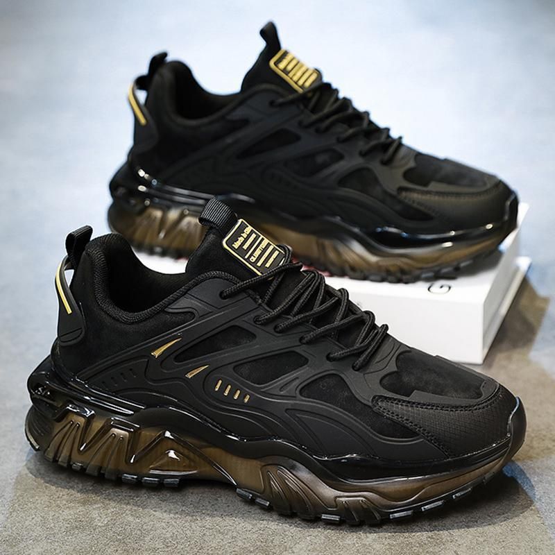 Men's All Black Sneakers Lightweight Breathable Running Shoes Dad Thick Sole Height Increase Korean Style Student Trendy Sports_vogvips.com