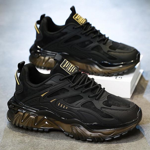 Men's All Black Sneakers Lightweight Breathable Running Shoes Dad Thick Sole Height Increase Korean Style Student Trendy Sports_vogvips.com