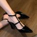 Black High Heels For Women 2025 New Patent Leather T-Strap Pointed Toe Backless Chunky Heel Closed-Toe Sandals_vogvips.com