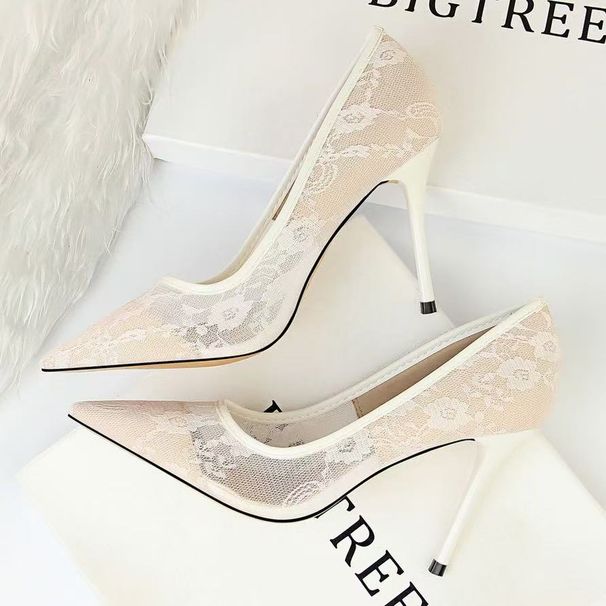 European And American Sexy Slimming High Heels Women's Shoes Slim Heels High Heels Shallow Mouth Pointed Mesh Hollow Lace Single Shoes_vogvips.com