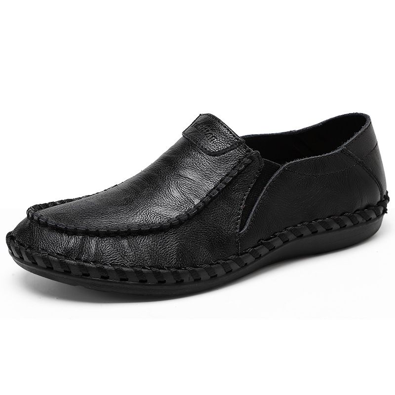 Men's Casual Leather Shoes, Pure Handmade Stitched Sole, Slip-On Driving Shoes, Men's Large Size 45-46_vogvips.com