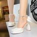 High Heel Sandals Thick Heel Square Head Satin Hollow Pearl One-word Belt Back Bow Wedding Shoes_vogvips.com