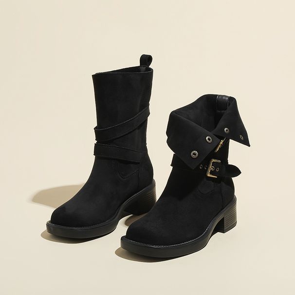 Melard Martin For Women, Autumn Over-the-Knee Two-Way Folded Western Cowboy Boots, Chunky Heel Thick Sole Mid-Calf Boots_vogvips.com