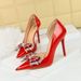 638-H17 Banquet Style Shallow Mouth Pointed High Heel Lacquer Leather Side Hollow Water Diamond Bow Single Shoe_vogvips.com
