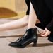 Retro V-neck Chunky Heel Ankle Boots, 2025 Autumn/winter New Model, Genuine Leather With Horsehair, Pointed Toe, Rhinestone Square_vogvips.com