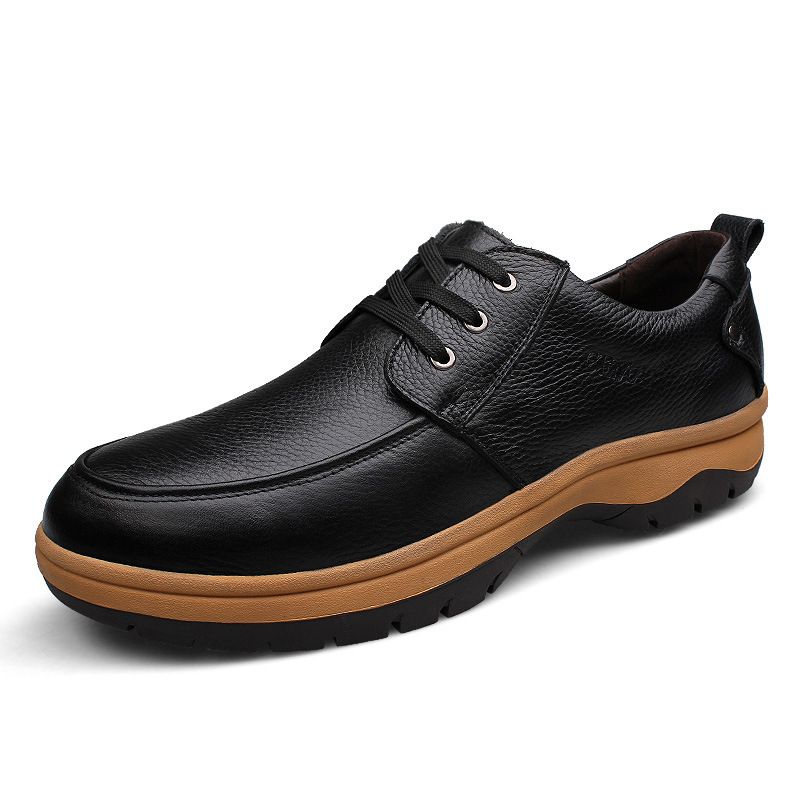 Large Size Men's Leather Shoes Round Head Lace-up Men's Casual Single Shoes Loafers Low Heel Top Layer Small Yellow Men's Shoes_vogvips.com